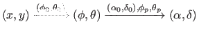 $ (x, y) \xrightarrow{(\phi_0, \theta_0)} (\phi, \theta) \xrightarrow{(\alpha_0, \delta_0), \phi_p, \theta_p} (\alpha, \delta)$