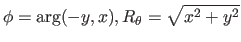 $ \phi=\arg(-y, x), R_{\theta}=\sqrt{x^2+y^2}$